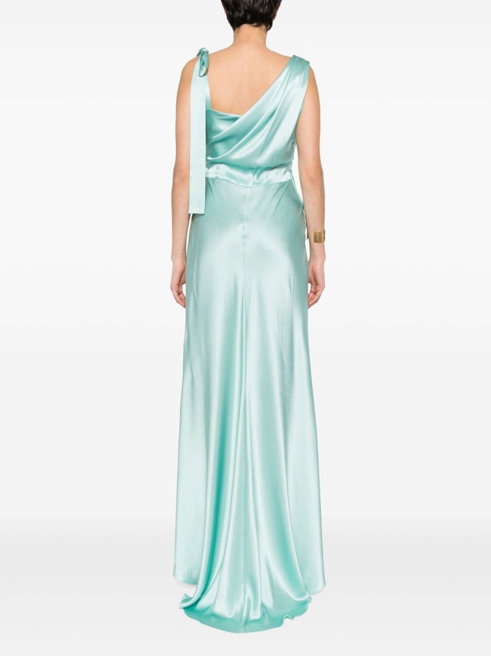 Long light blue dress with draped neckline and silk