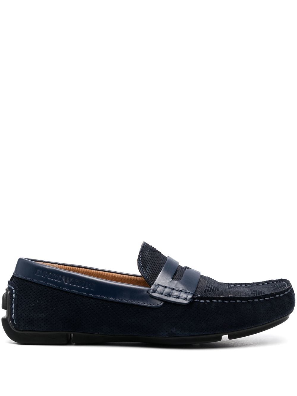 Blue moccasins with all-over logo