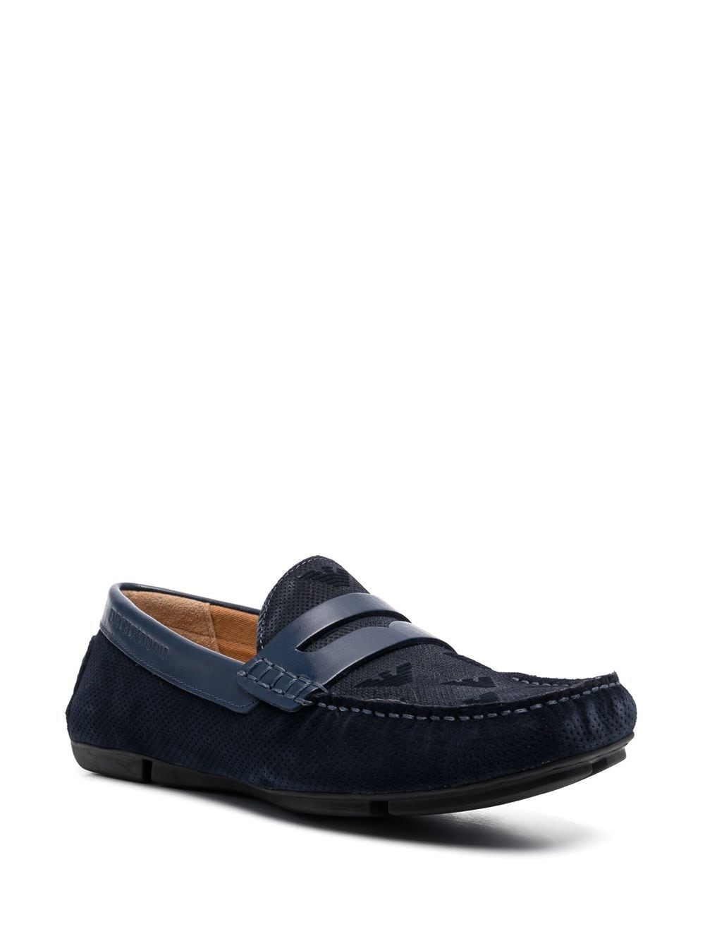 Blue moccasins with all-over logo