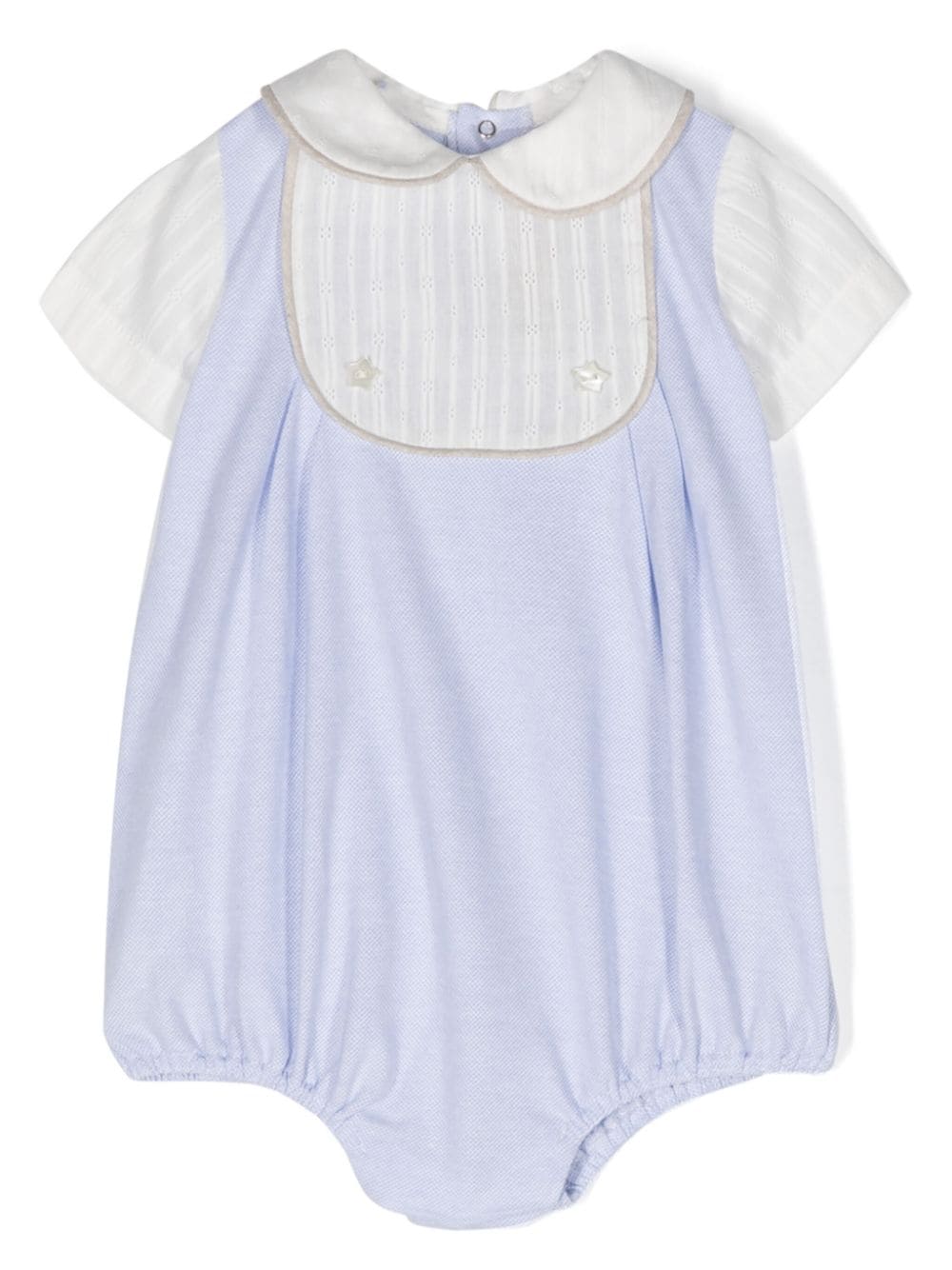 White/blue newborn shirt-style onesie