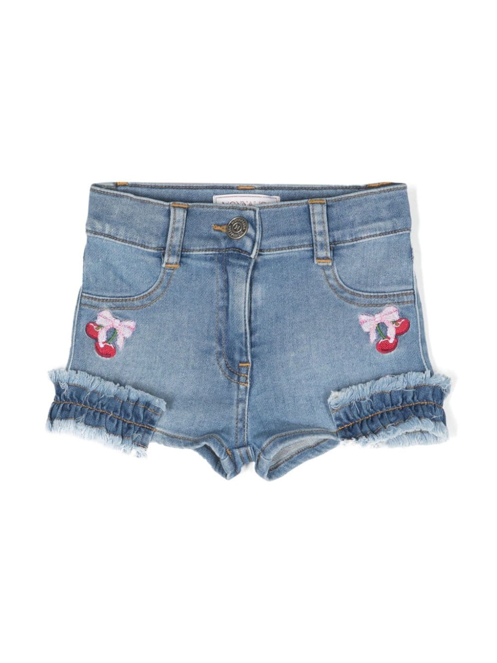 Denim shorts with cherry embroidery for newborns