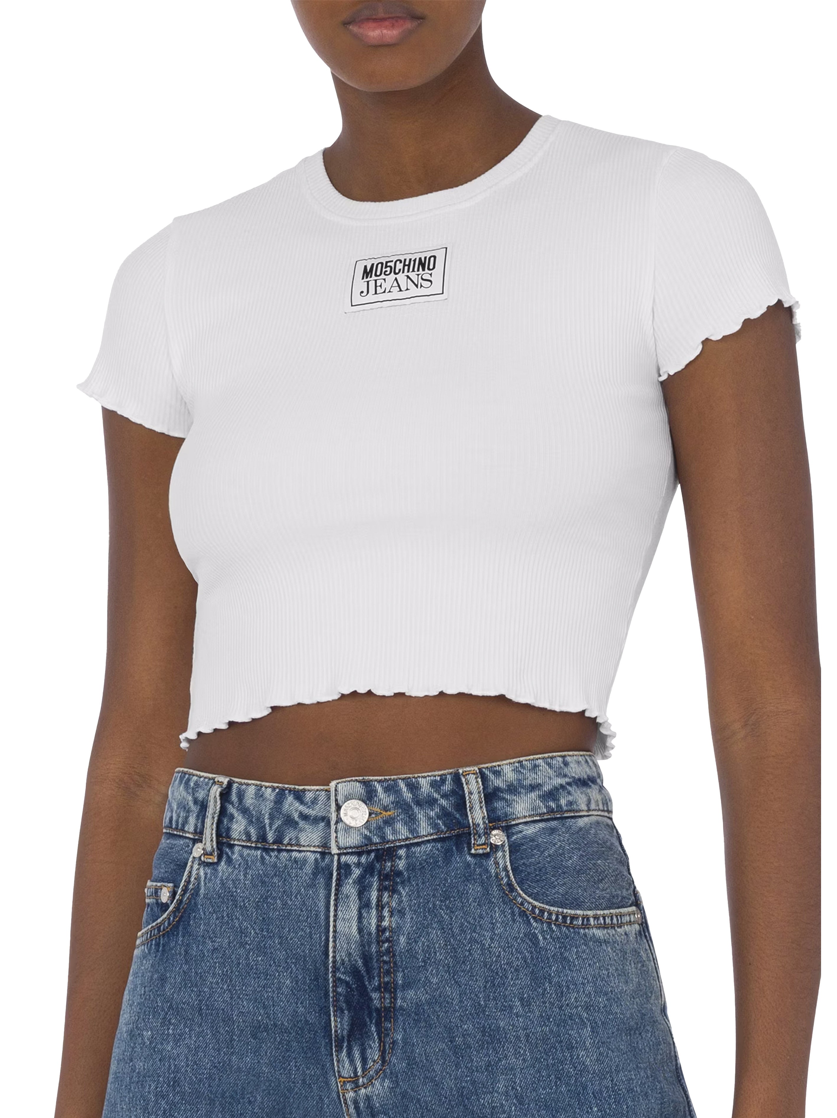 T-shirt crop a costine etichetta logo bianca