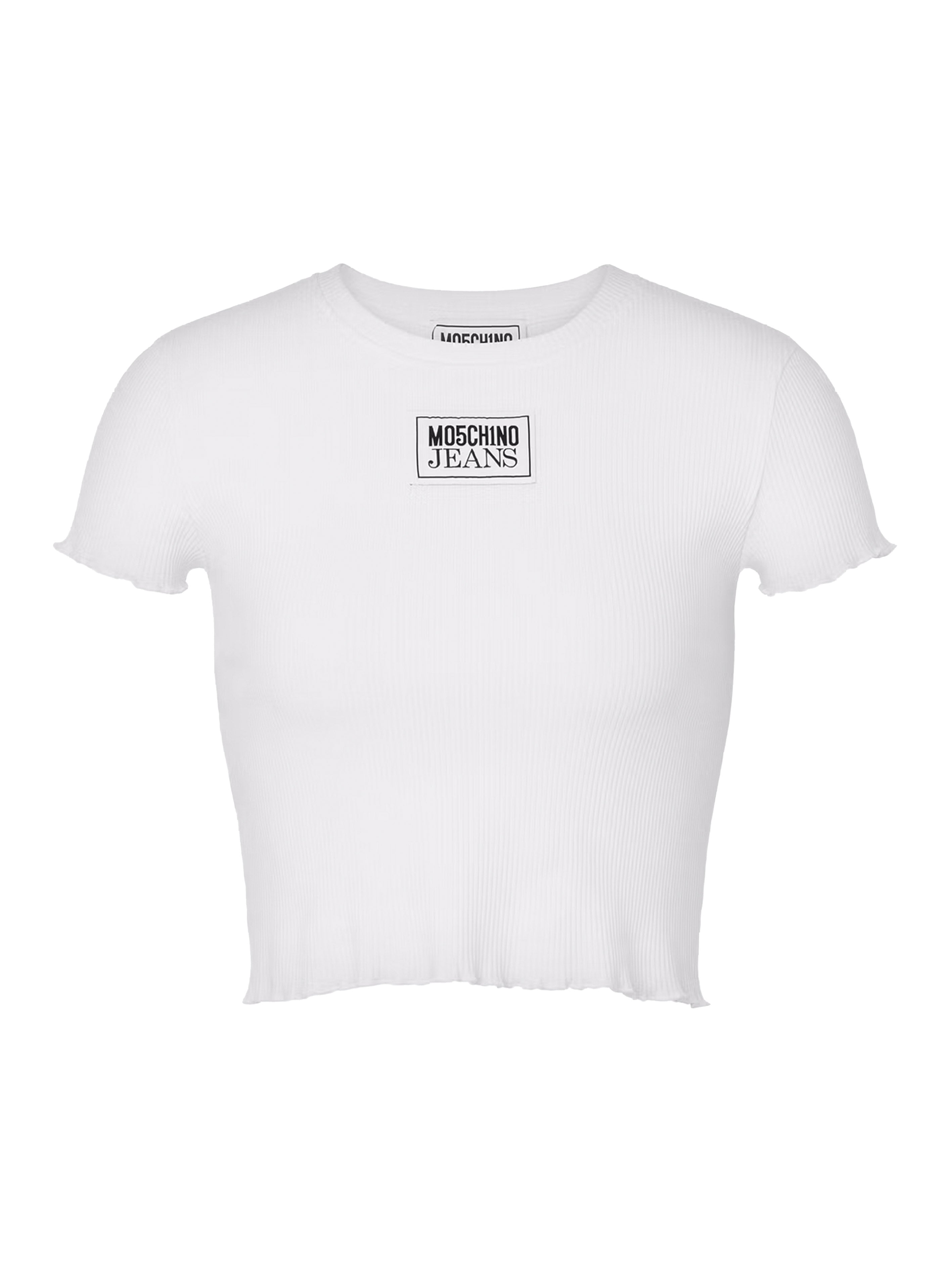 T-shirt crop a costine etichetta logo bianca