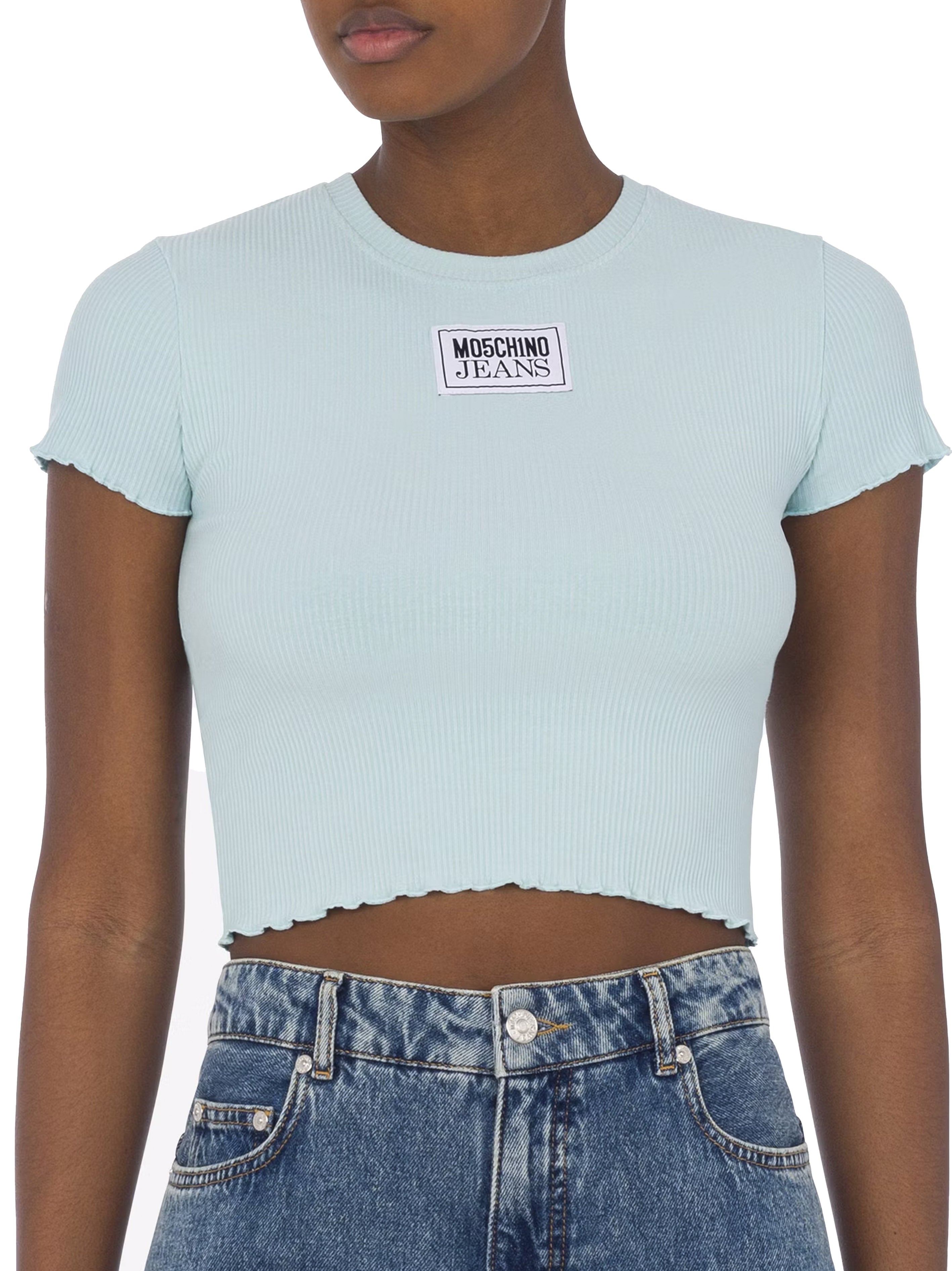 T-shirt crop a costine etichetta logo