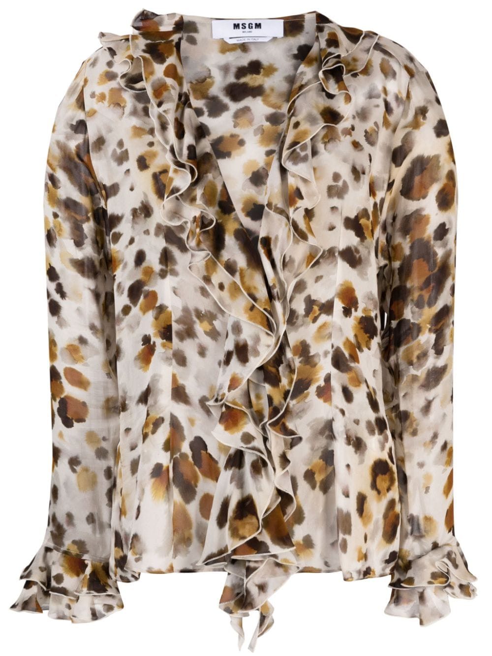 Blouse with ruffles in "watercolor leopard" print georgette