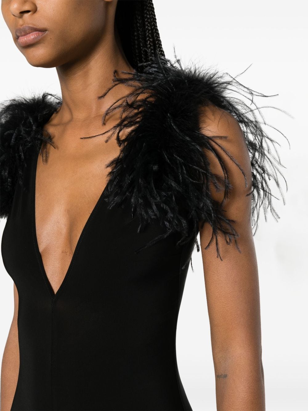 Black bodysuit with feathers