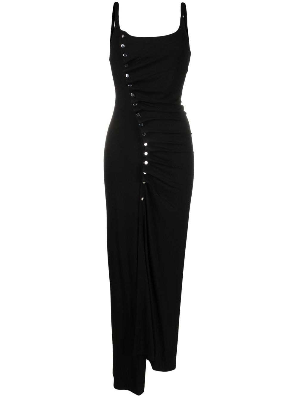 Long black draped dress with buttons