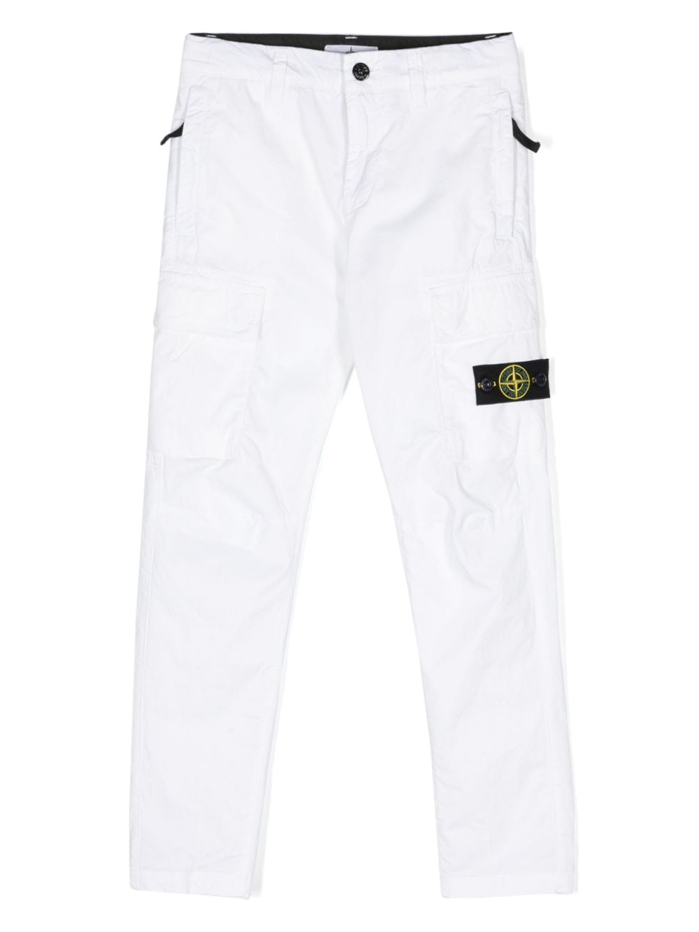 White cargo trousers with Compass label