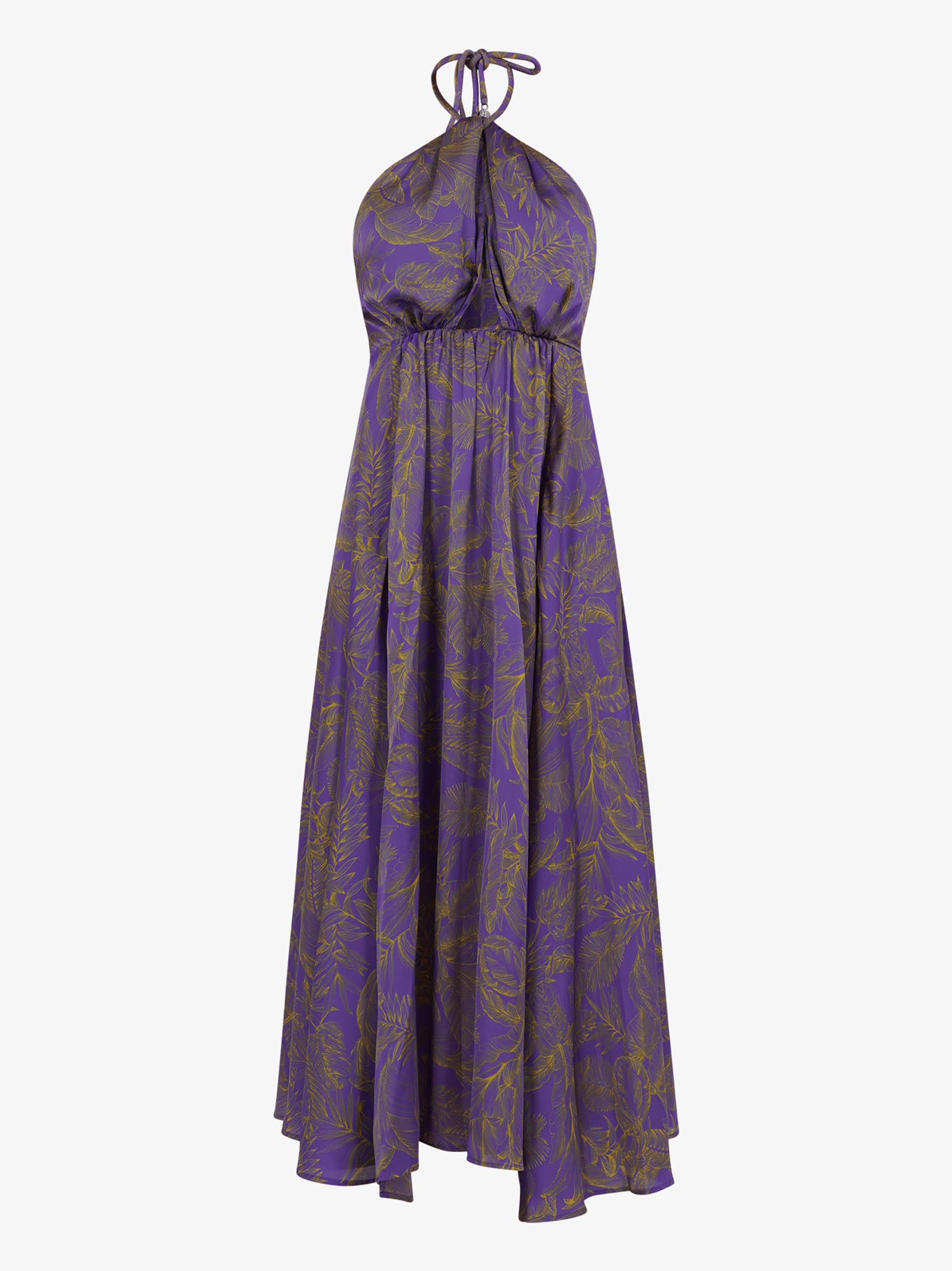 Purple patterned dress with satin halter neck