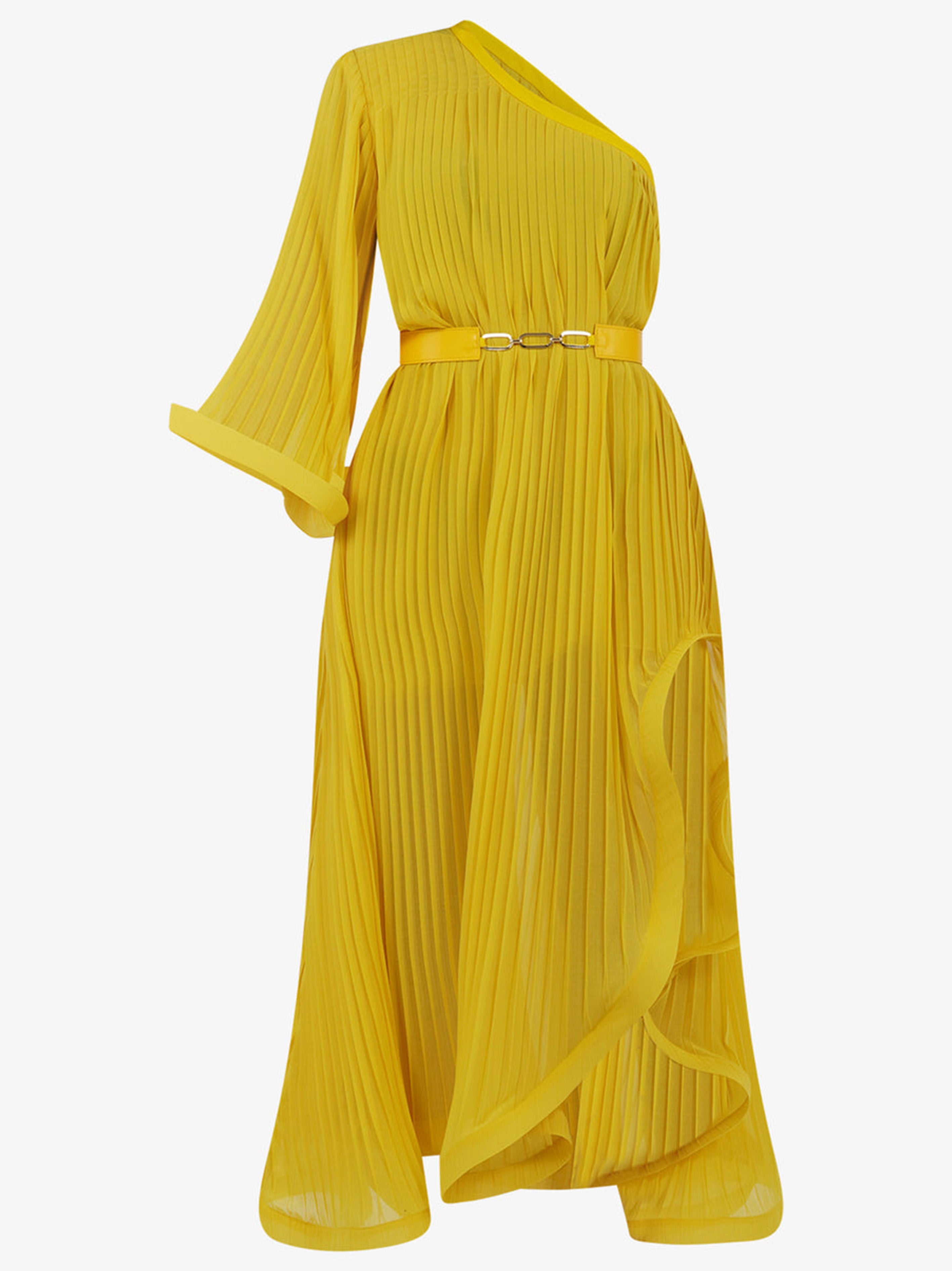 Yellow one-shoulder voile and pleated dress