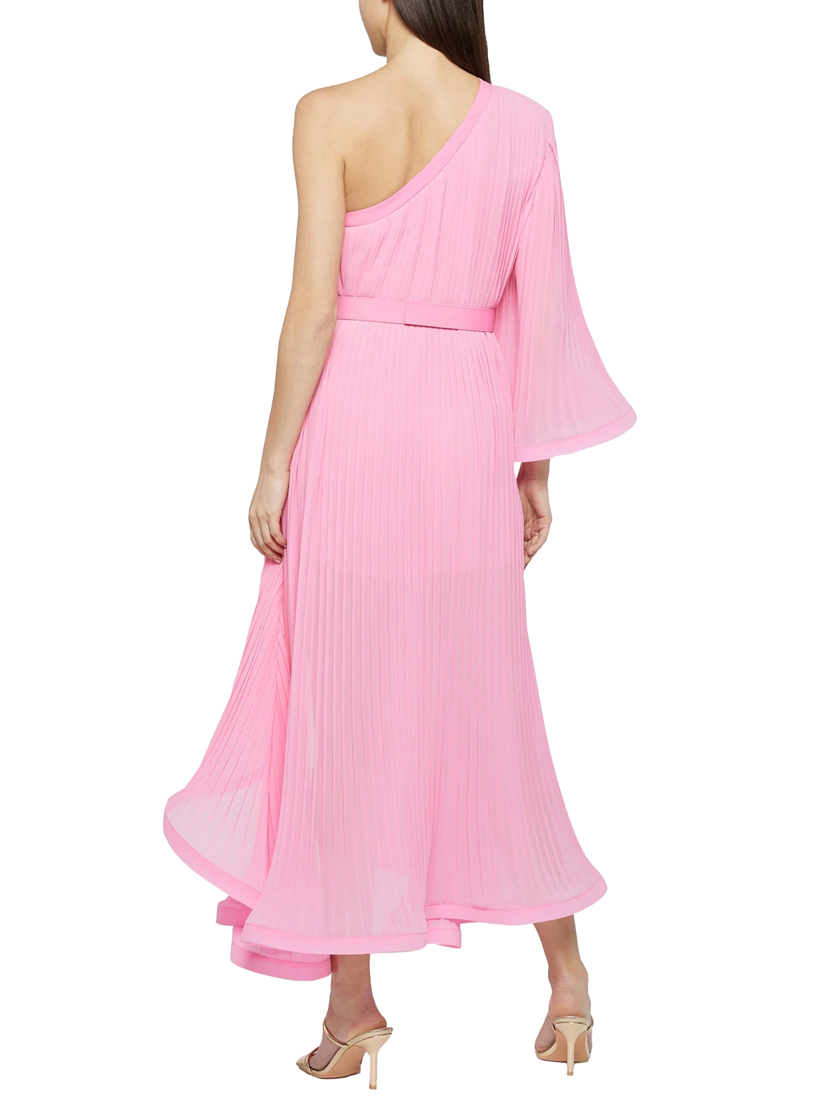 Pink one-shoulder ruffle and pleated dress