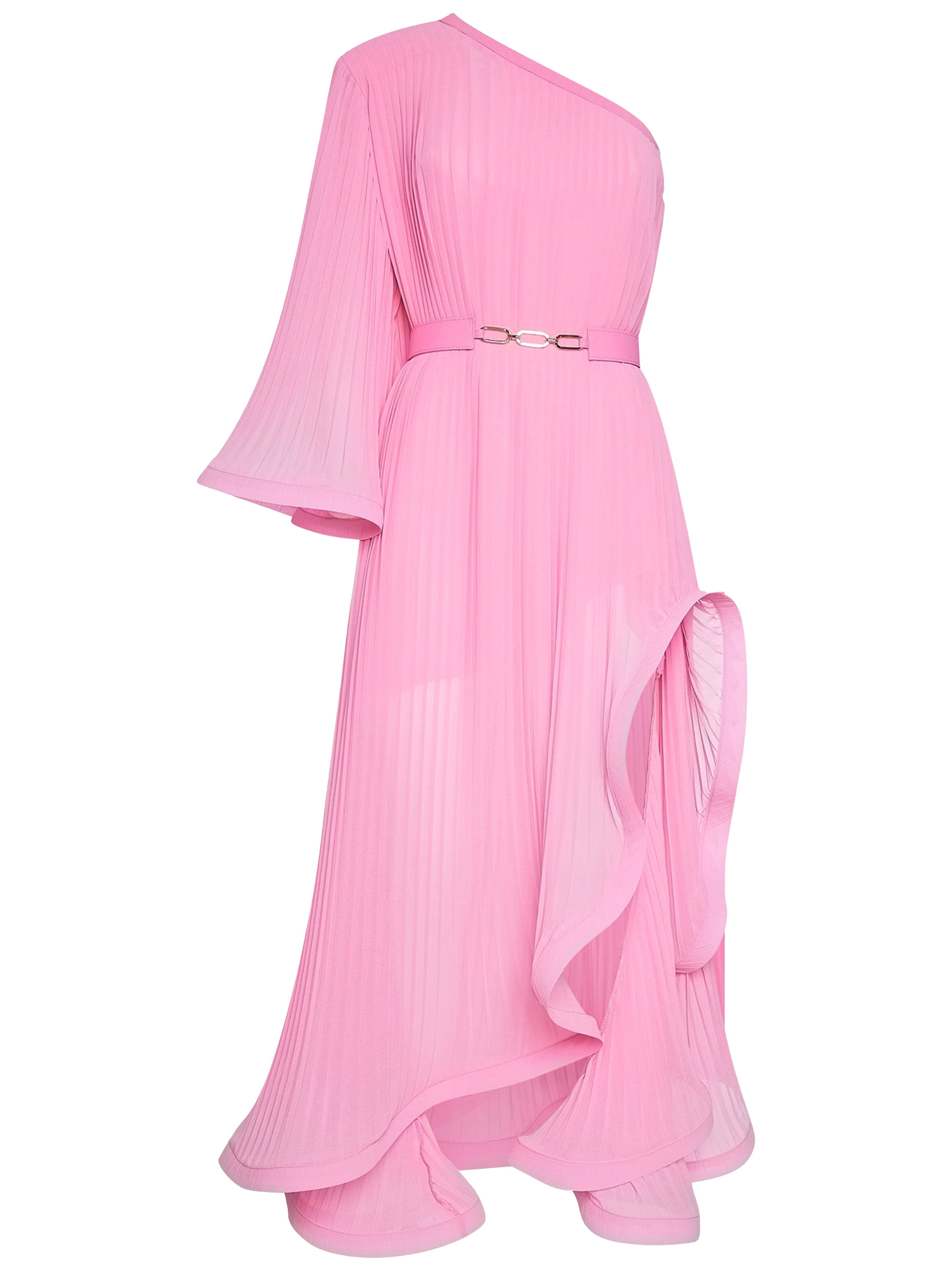 Pink one-shoulder ruffle and pleated dress