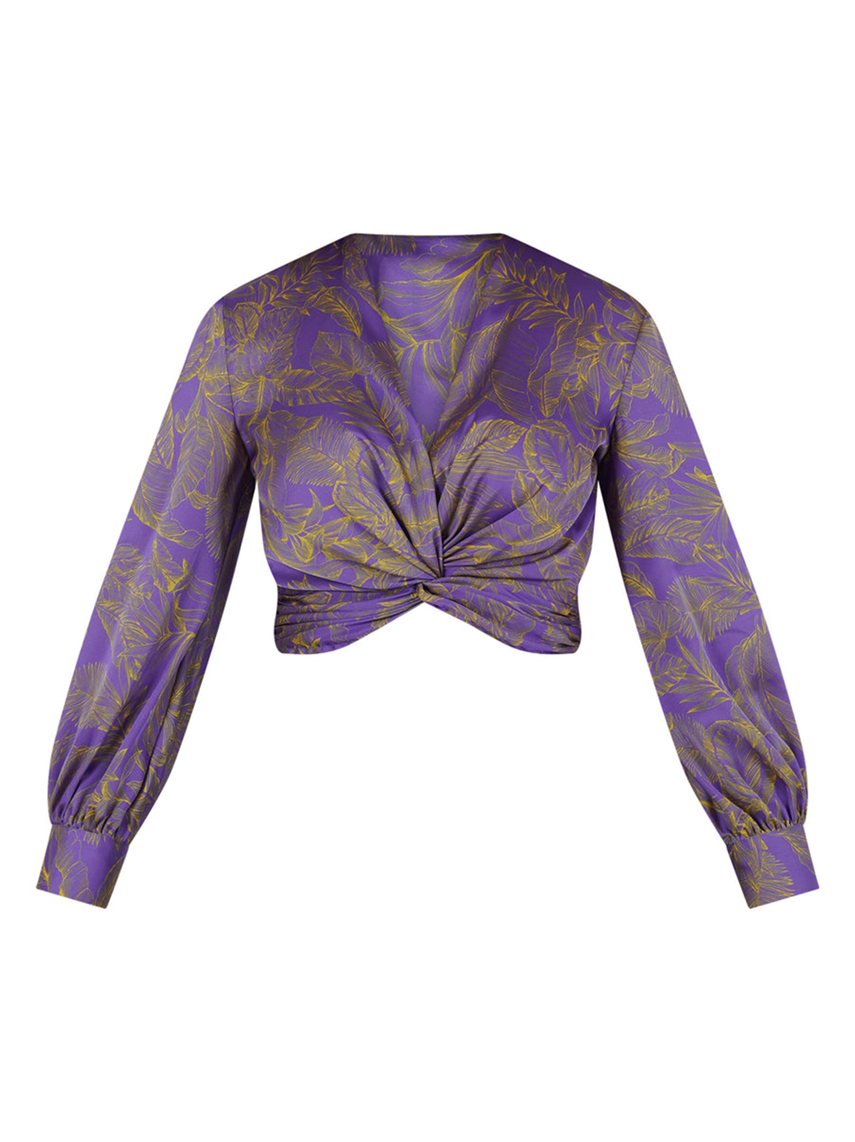 Blusa crop viola a fantasia con nodo raso