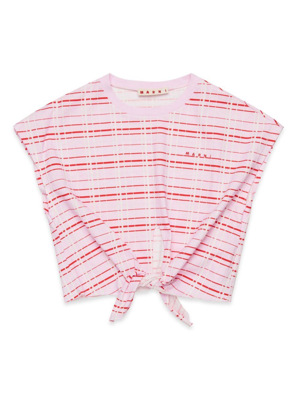 T-shirt rosa con fantasia orizzontale e logo