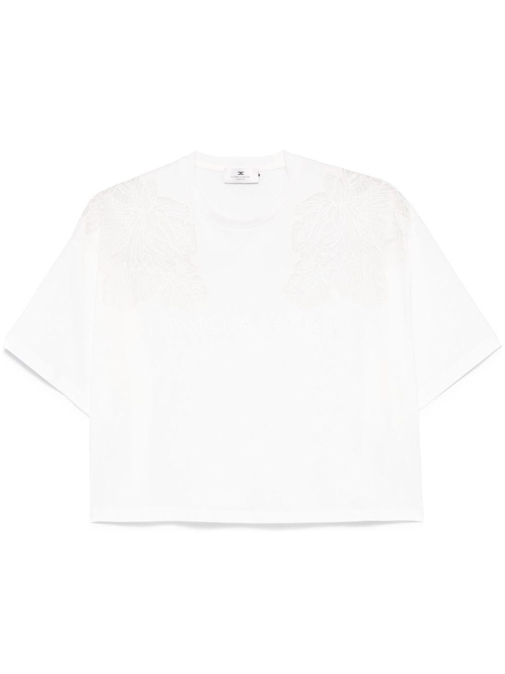 T-shirt bianca con ricami semitrasparenti e logo MA01851E2 270 ELISABETTA FRANCHI 