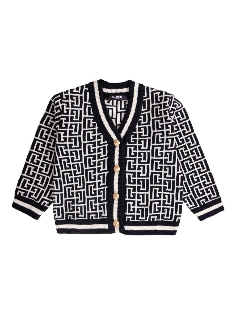 Cardigan Bianco e Nero con Motivo Geometrico BX9510Z2312 104NE BALMAIN KIDS 
