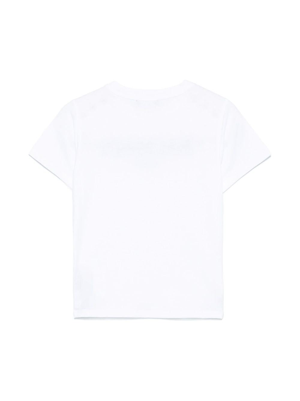 T-shirt bianca logo ricamato e bottoni oro su spalle