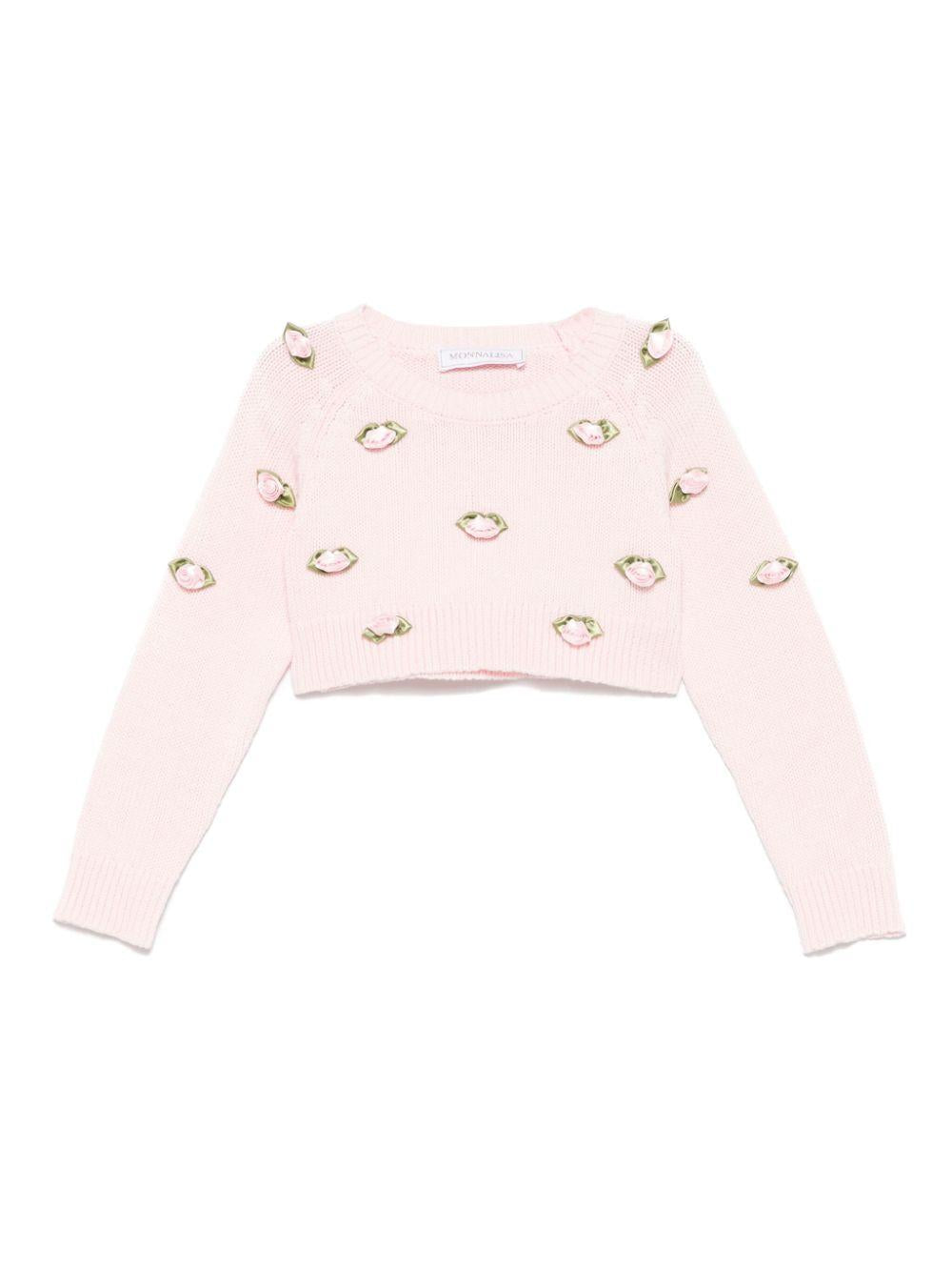 Maglione rosa con applicazione roselline rosa 39E6065061 0090 MONNALISA KIDS 