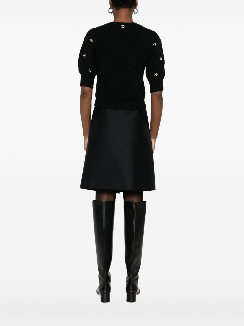 Maglione nero decorato con cristalli e girocollo 252TT3181 00006 TWINSET 