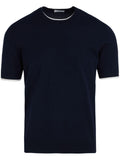 blue crew neck sweater with contrasting edges