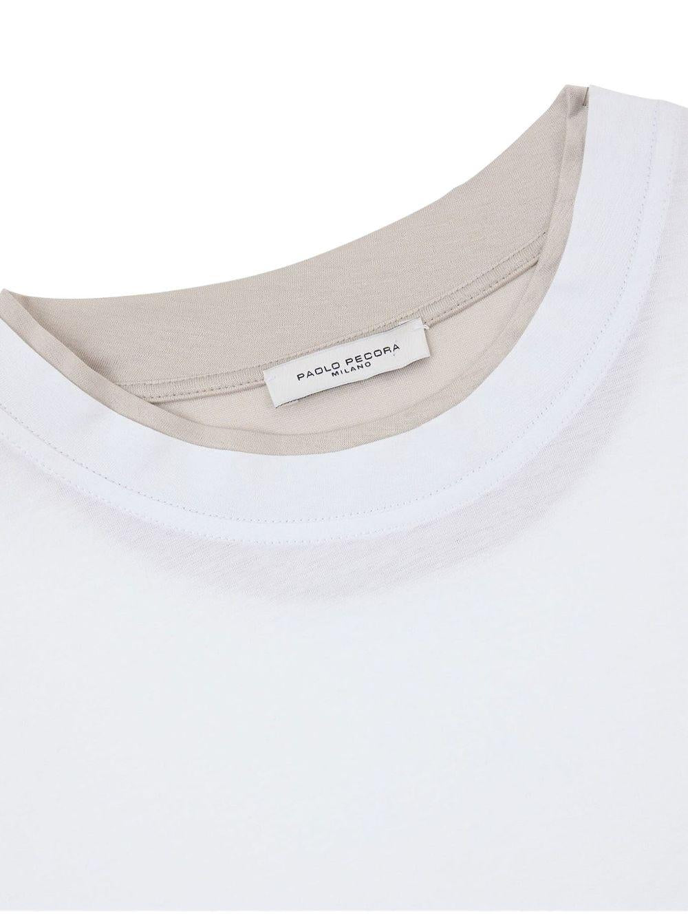 T-shirt bianca con profili beige in cotone extrafine