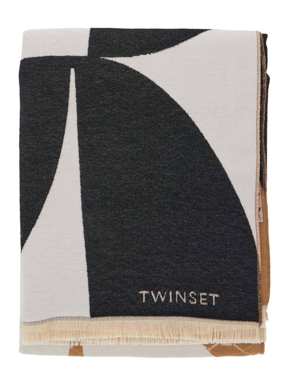 Sciarpa Nera con Motivo Geometrico e Frange 252TA4270 12649 TWINSET 