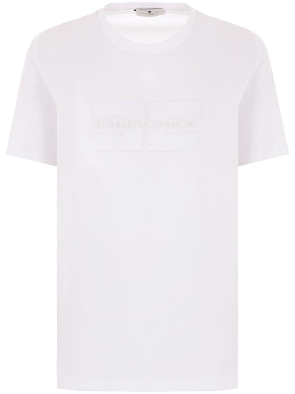 T-shirt bianca in jersey con logo ricamato e strass