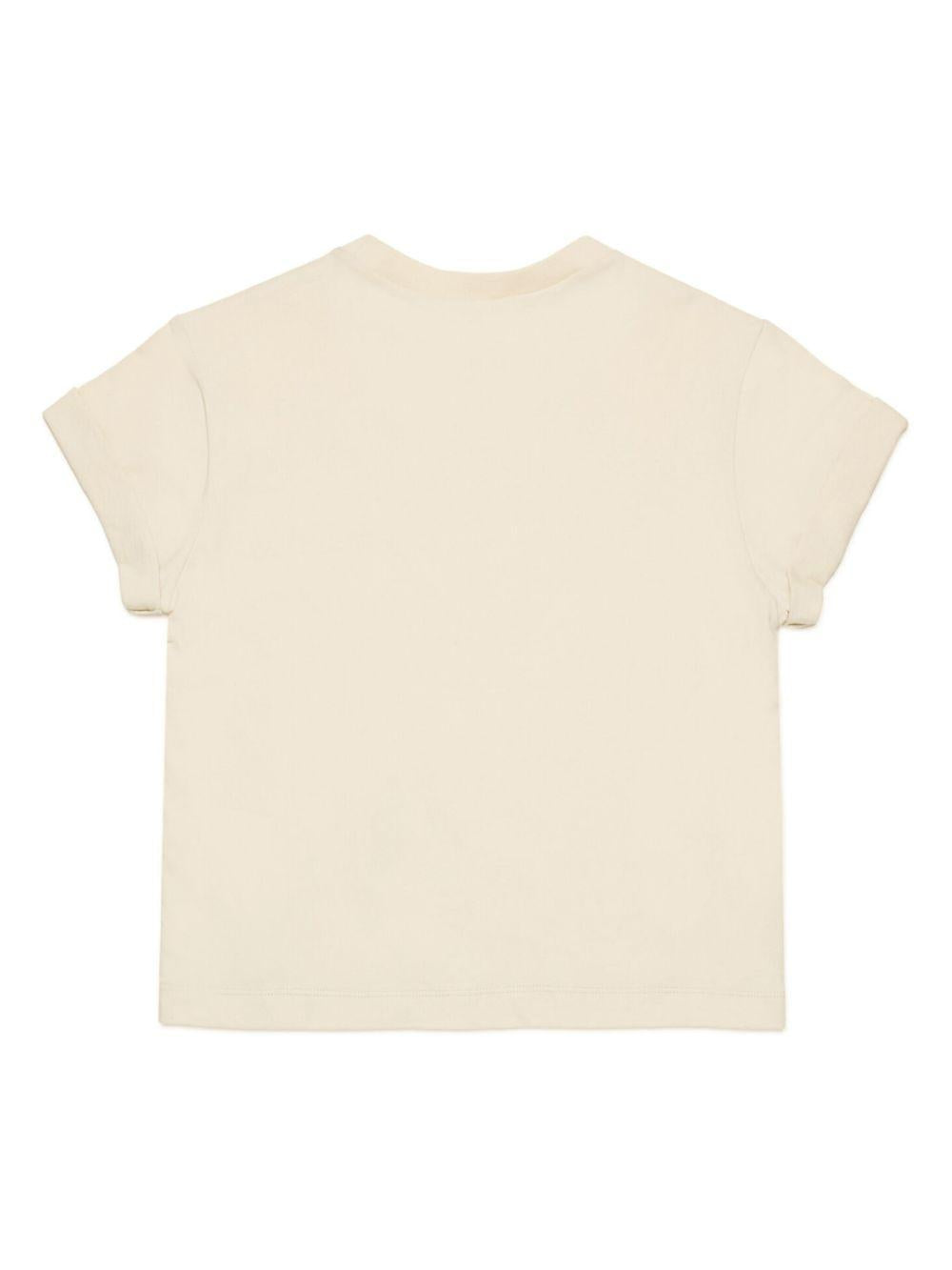 T-shirt beige con pizzo e fiori