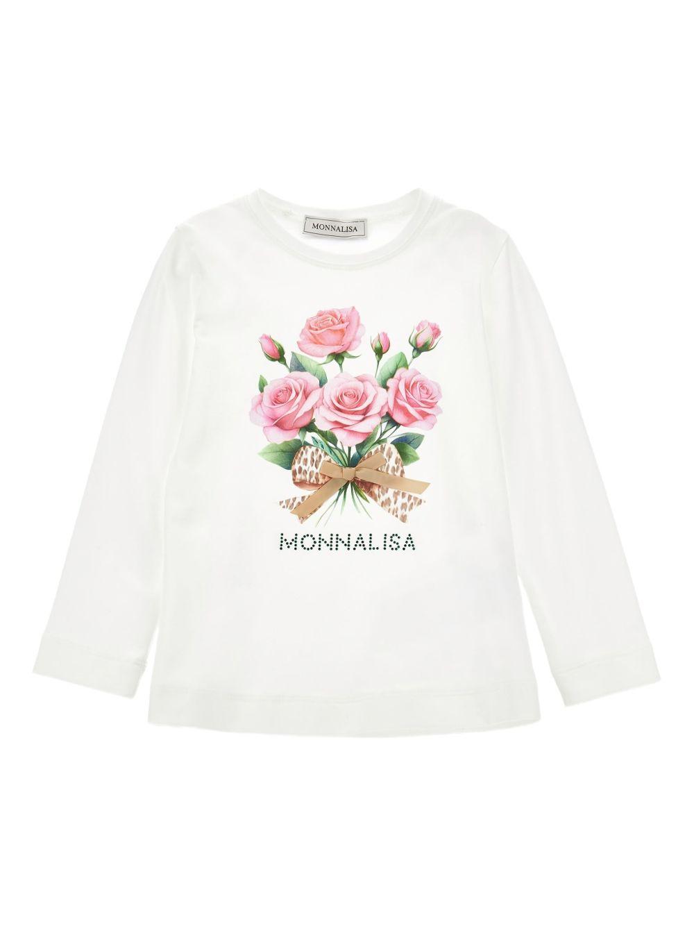 Top Bianco Maniche Lunghe con Fiori 11F6286202 0001 MONNALISA KIDS 