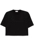 T-shirt nera con ricami semitrasparenti e logo