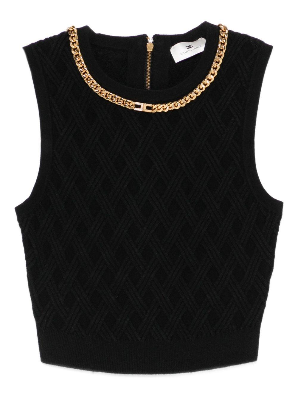 Top Corto Nero con Motivo a Rombi e Catena Oro TK60B56E2 110 ELISABETTA FRANCHI 