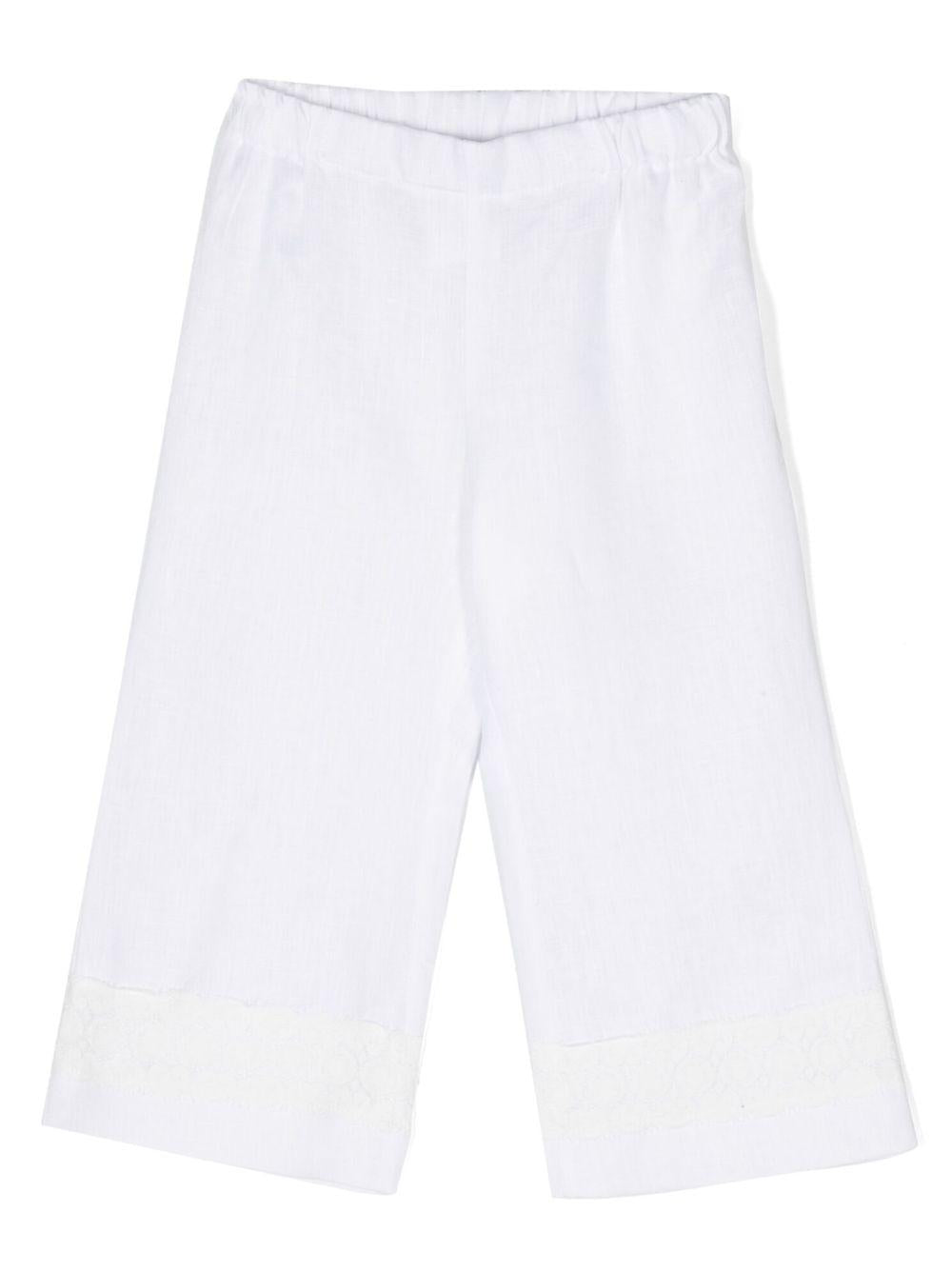 Pantalone bianco neonata orlo ricamato lino