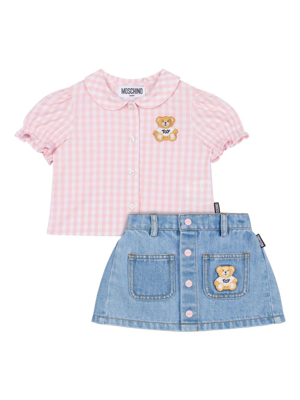 Completo ricamo teddy rosa-denim neonata (2pz)