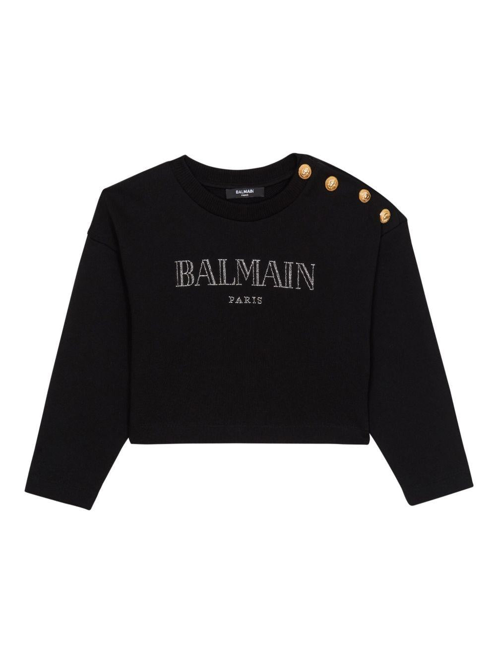 Felpa nera logo strass e bottoni spalla