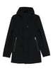 Cappotto nero con zip frontale e cappuccio
