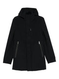 Cappotto nero con zip frontale e cappuccio