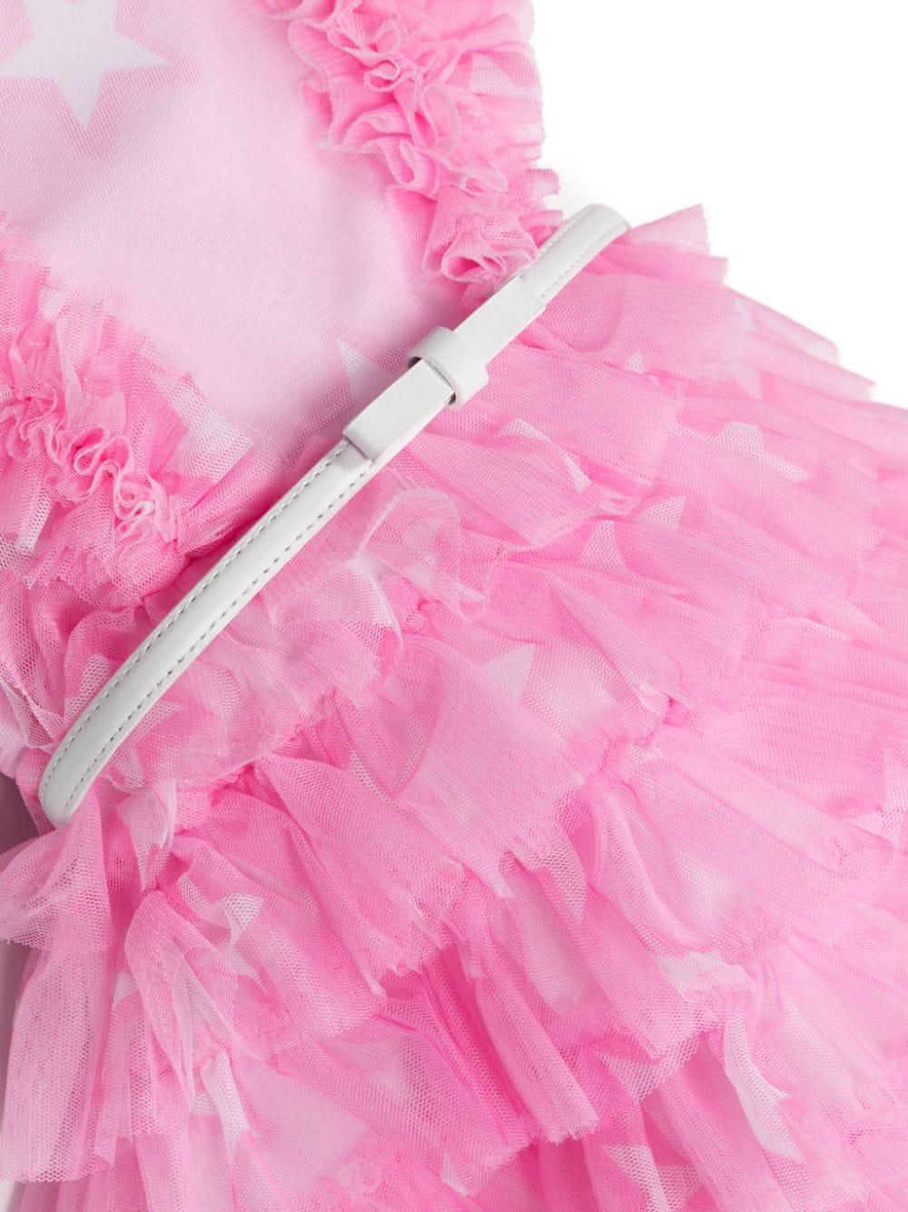 Abito rosa in tulle stampato con ruches