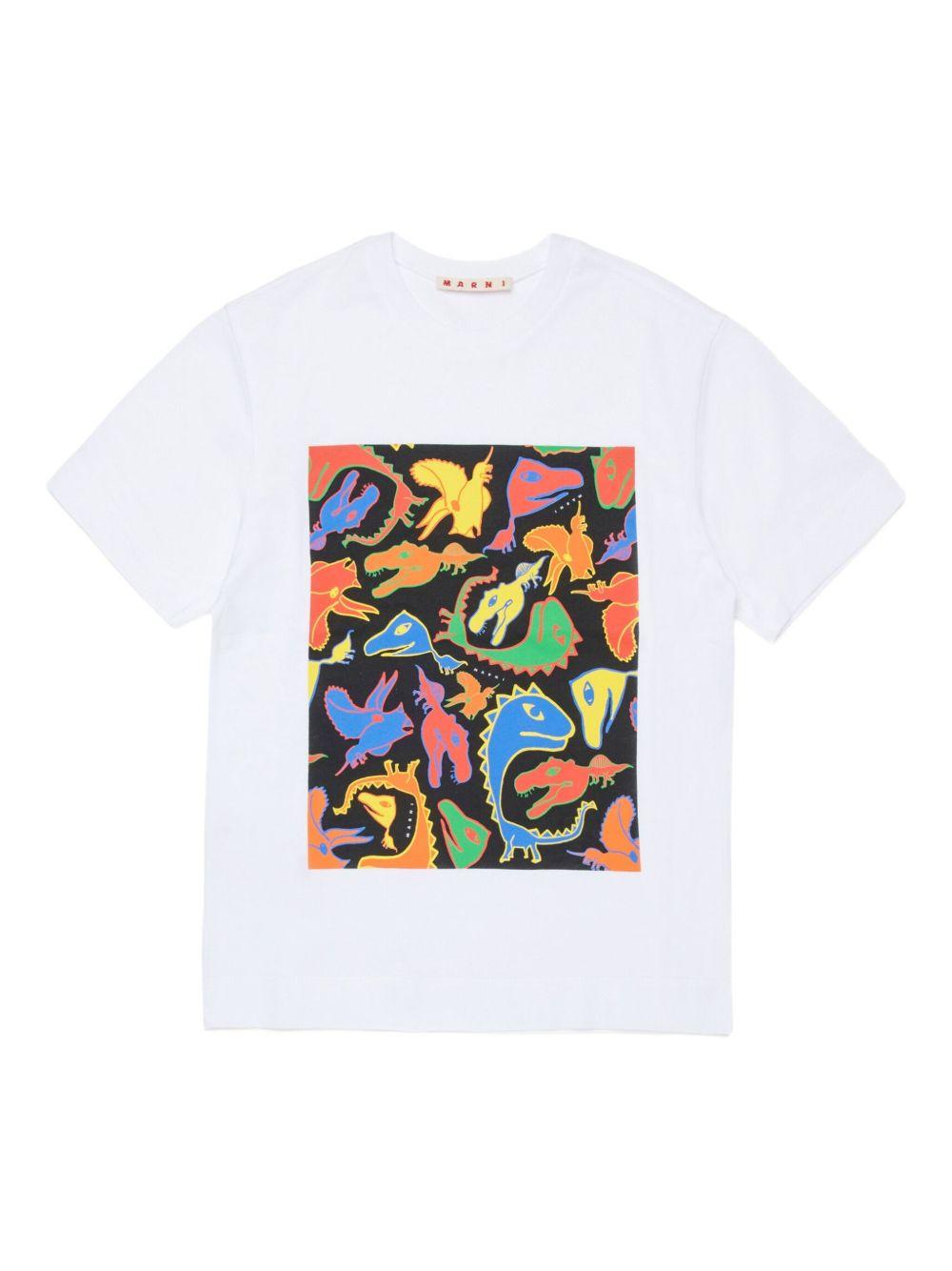 T-shirt in cotone con stampa dinosauri M01804M00RF 0M100 MARNI KIDS 