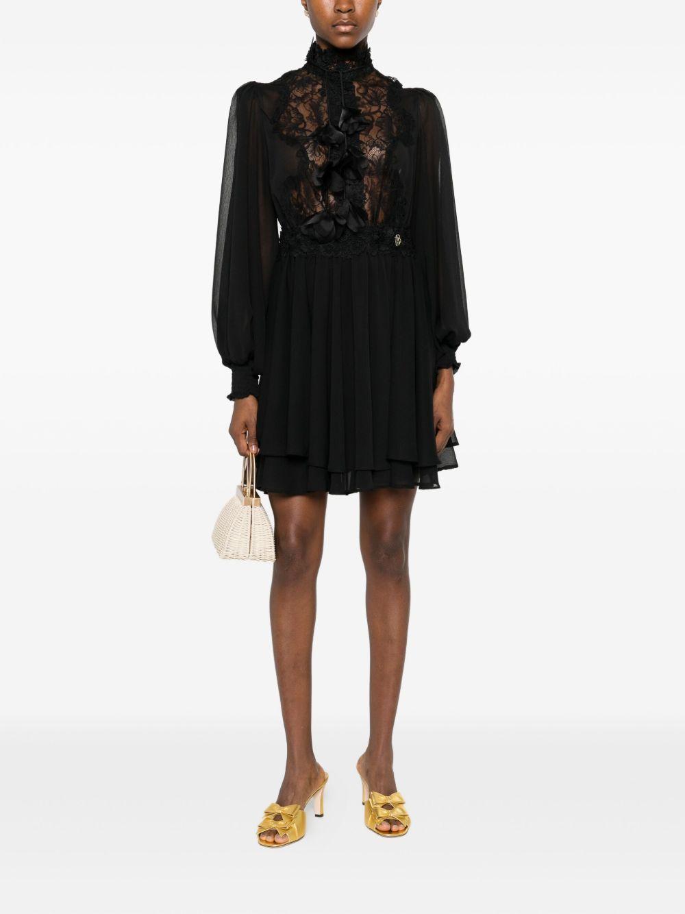 Abito Corto in Pizzo Floreale con Volant S00834 NERO BABYLON COLLECTION 