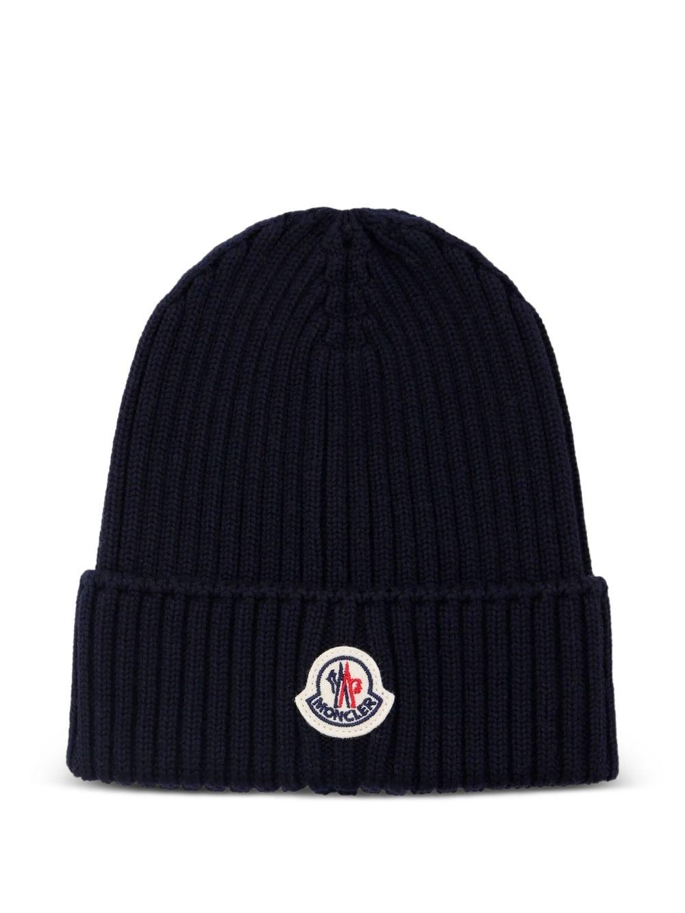 Berretto Blu Navy in Lana a Coste con Logo K29543B00009M1131 742 MONCLER KIDS 