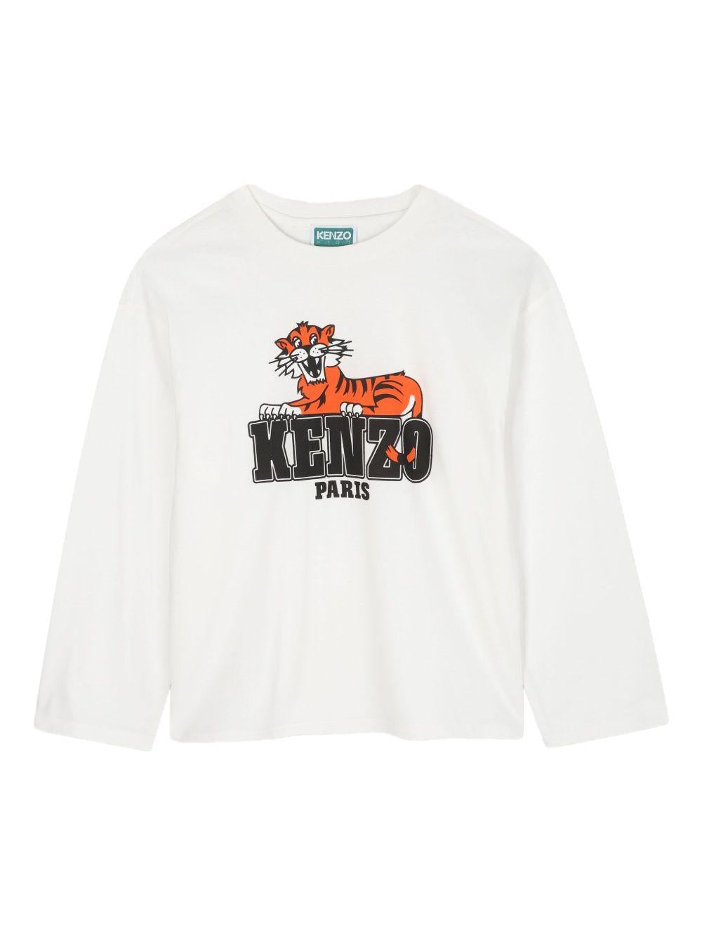 T-shirt bianco sporco a maniche lunghe con stampa Tiger K61448 117 KENZO KIDS 