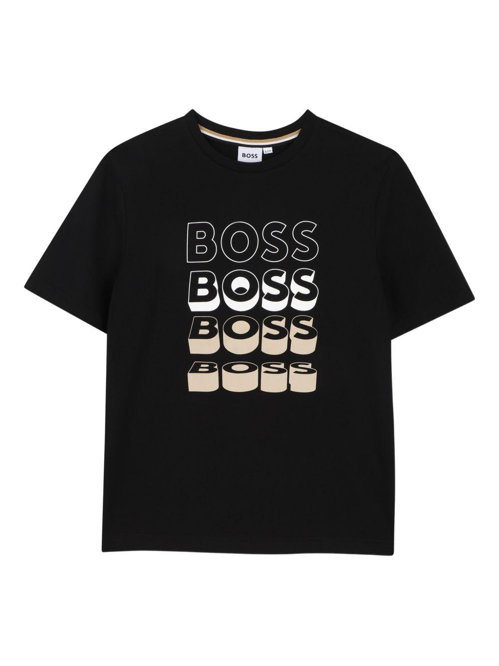 T-shirt nera con logo ripetuto J52982 09B BOSS KIDSWEAR 