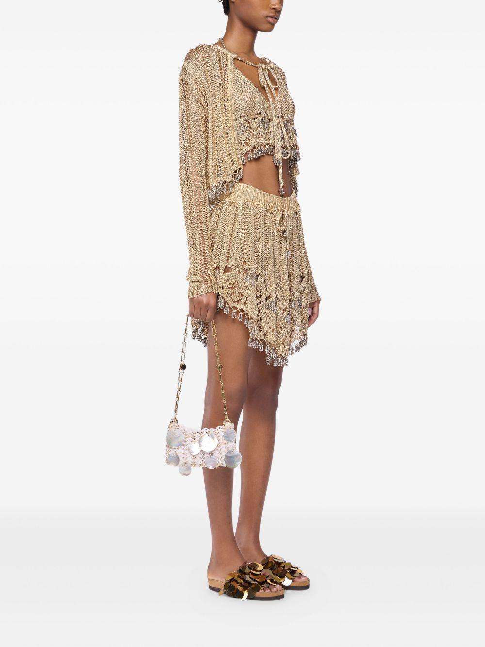 Cardigan dorato a maglia all'uncinetto con chiusura a lacci 25AMPU046ML0317 P717 RABANNE 