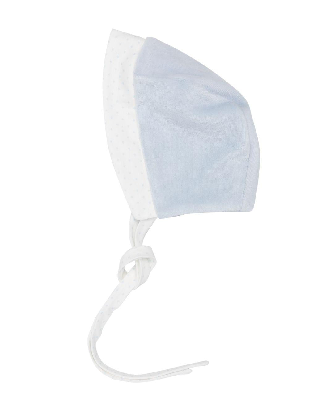 Cuffia neonato azzurra orli pois
