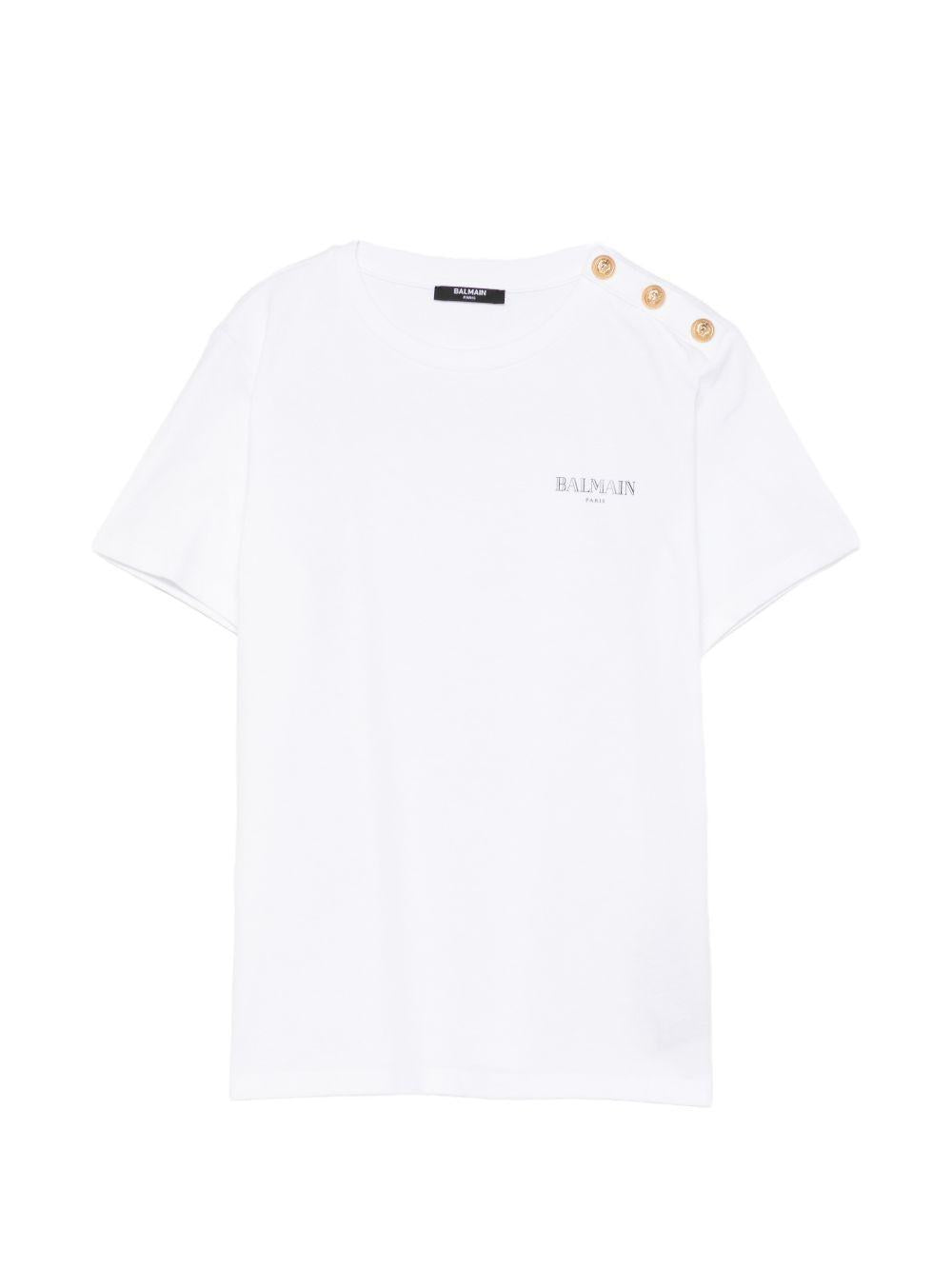 T-shirt con bottoni dorati sul collo BY8Q21Z3672 100NE BALMAIN KIDS 