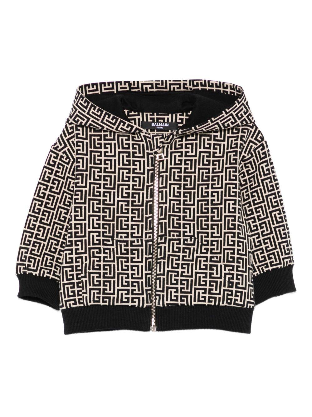 Felpa Beige e Nera con Cappuccio e Monogramma BX4520Z2411 106NE BALMAIN KIDS 