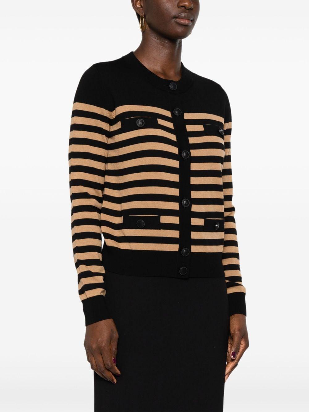 Cardigan a righe orizzontali cammello/nero lana
