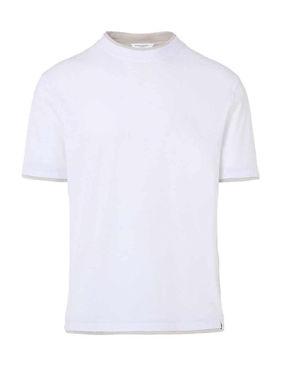 T-shirt bianca con profili beige in cotone extrafine