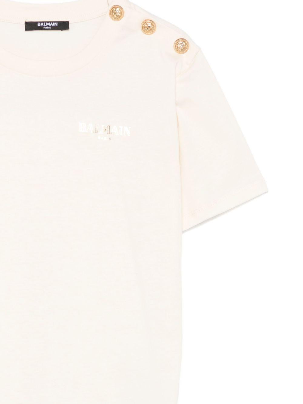 T-shirt Bambina in Cotone Beige con Logo e Bottoni Oro BX8R51Z3186 109OR BALMAIN KIDS 