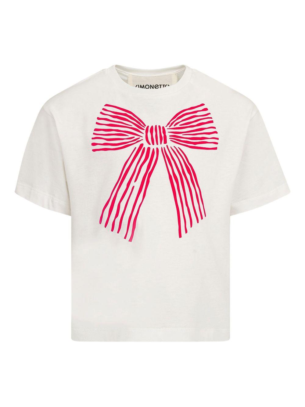 T-shirt bianca con stampa fiocco frontale fucsia SW8A01J0177 101FU SIMONETTA KIDS 